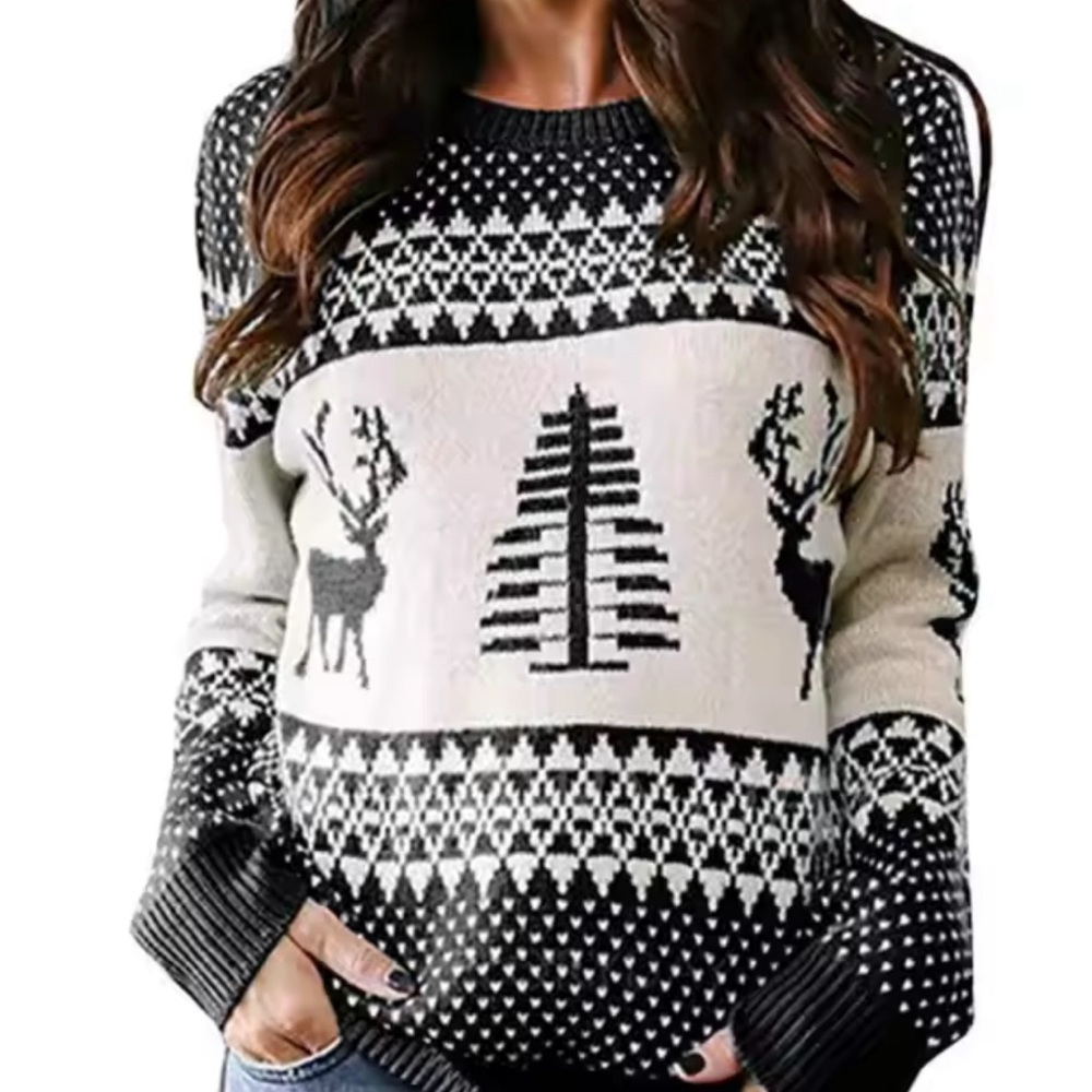 Christmas Geometric Fair Isle Reindeer Sweater Size M Blue & White‎